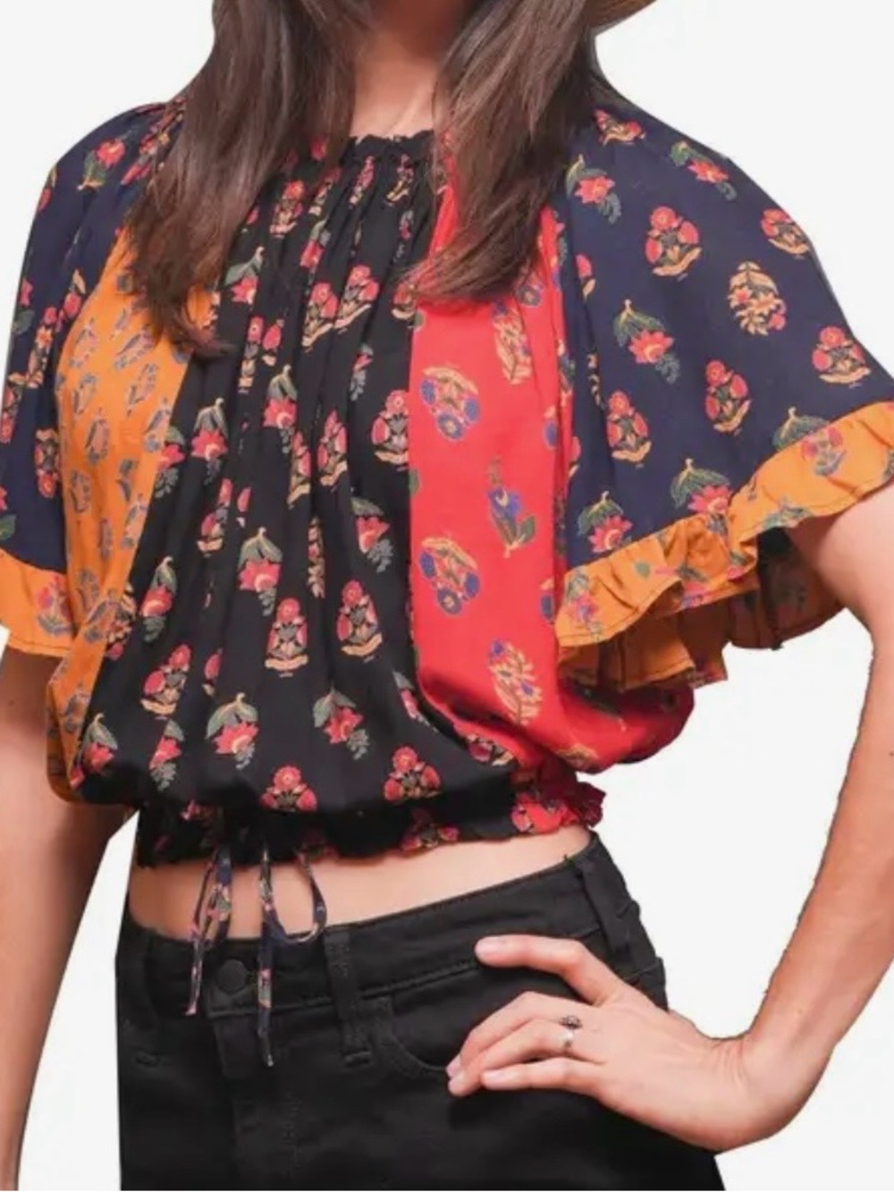 Sacred Threads Patchwork Floral Crop Top - Black, Red & Mustard
